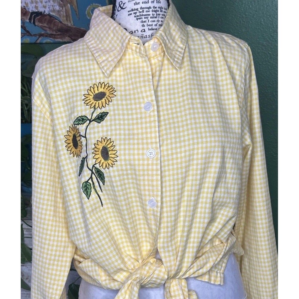 Vtg 90s Yellow Button Down Gingham Sunflower-L Cottage Core Butter Mom Country